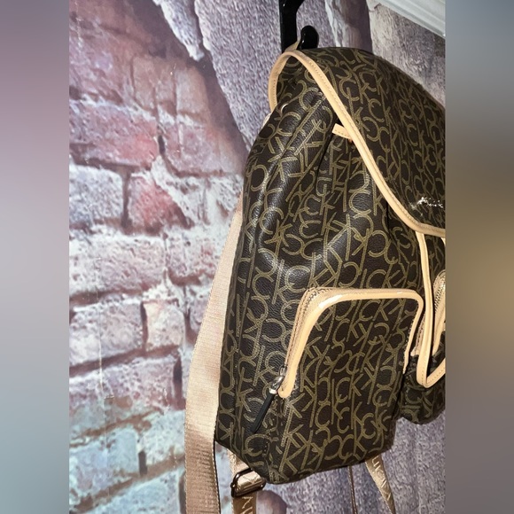 Calvin Klein Logo Monogram Brown Tan Adjustable Backpack Bag - Picture 4 of 14